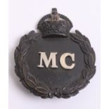 Monmouthshire Constabulary Helmet Badge, Kings crown, black wreath, white metal ‘M C' centre,