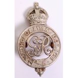 Metropolitan Police George V Cap Badge, Kings crown, white metal, GVR  centre, complete with two lug