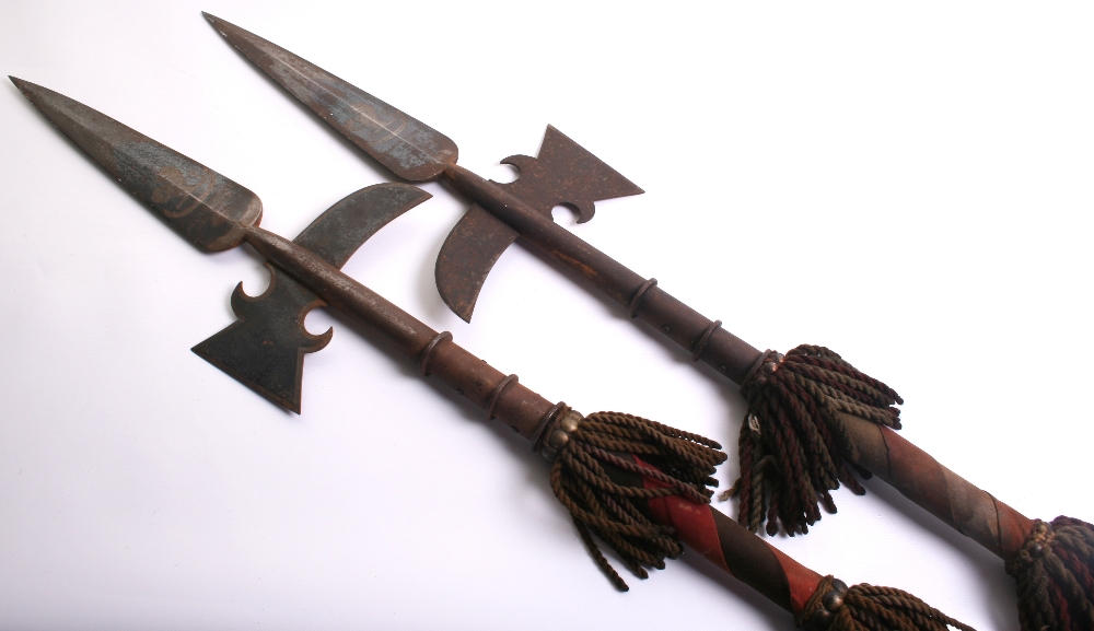 Pair of 19th Century Sheriffs Halberds, top blades etched with crest of demi lion supporting a