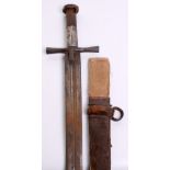 Sudanese Mahdist Sword Kaskara, broad straight double edge blade 28.75" cut with 3 short fullers and