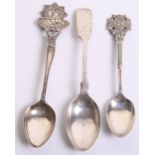 Three Tea Spoons, one being a hallmarked silver (Sheffield 1927) prize awarded to CSM J Coutanche