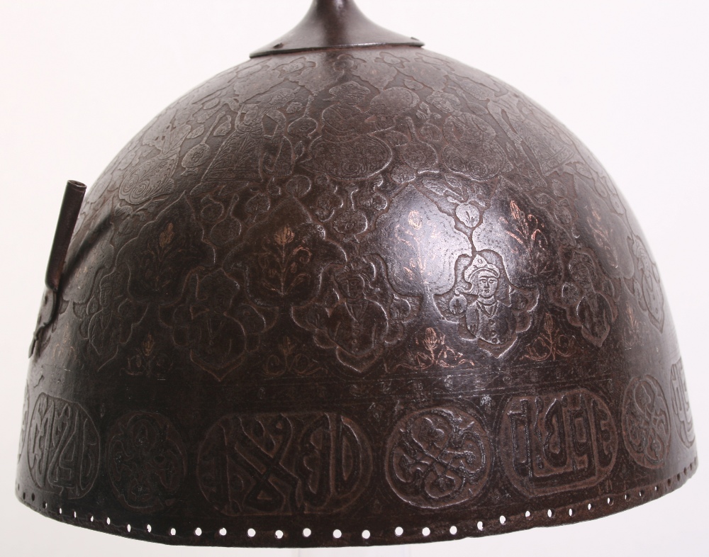 Persian Qajar 19th century helmet Khula Khud, one piece bowl etched overall with scenes of courtly - Image 3 of 4