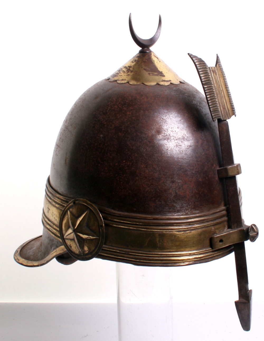 19th Century Ottoman Empire Khedive Palace Guards Helmet, tall steel skull surmounted by an iron