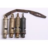 WW1 1915-1918 Officers Whistles, all being Metropolitan patterns, three made by J Hudson & Co and