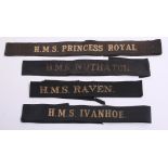 Selection of WW2 Royal Navy Cap Tallies consisting of HMS RAVEN, HMS NUTHATCH (shortened), HMS