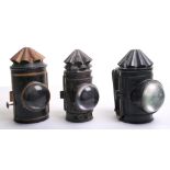 Three Victorian Police “Bullseye" Lanterns, 1 x two stack chimney lantern and 2 x one stack