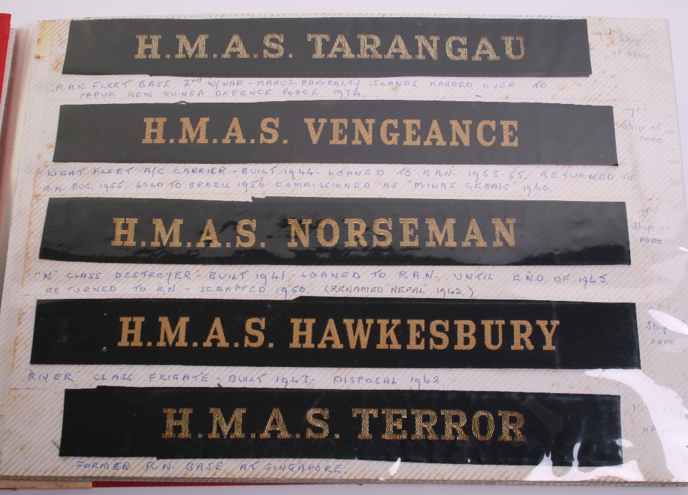 Selection of Royal Navy & Commonwealth Navy Cap Tallies including HMAS TARANGAU, HMAS NORSEMAN, HMAS