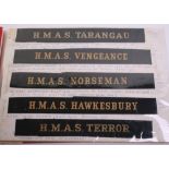 Selection of Royal Navy & Commonwealth Navy Cap Tallies including HMAS TARANGAU, HMAS NORSEMAN, HMAS