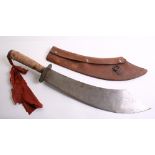 Chinese Executioners Sword with heavy thick curved blade and plain brass guard. Wooden handle with