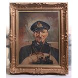 WW2 Royal Navy Officer Oil Painting, showing head and shoulders of an officer whilst at sea, with