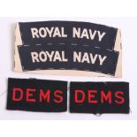 WW2 D.E.M.S (Defensively Equipped Merchant Ships) Titles, being red embroidered lettering on dark
