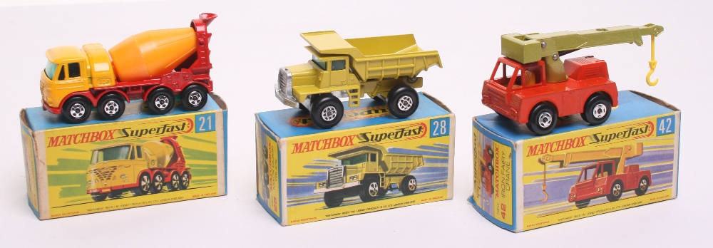 Three Matchbox Superfast 1:75 series boxed, 21a Foden Concrete Truck ,dark yellow cab with yellow