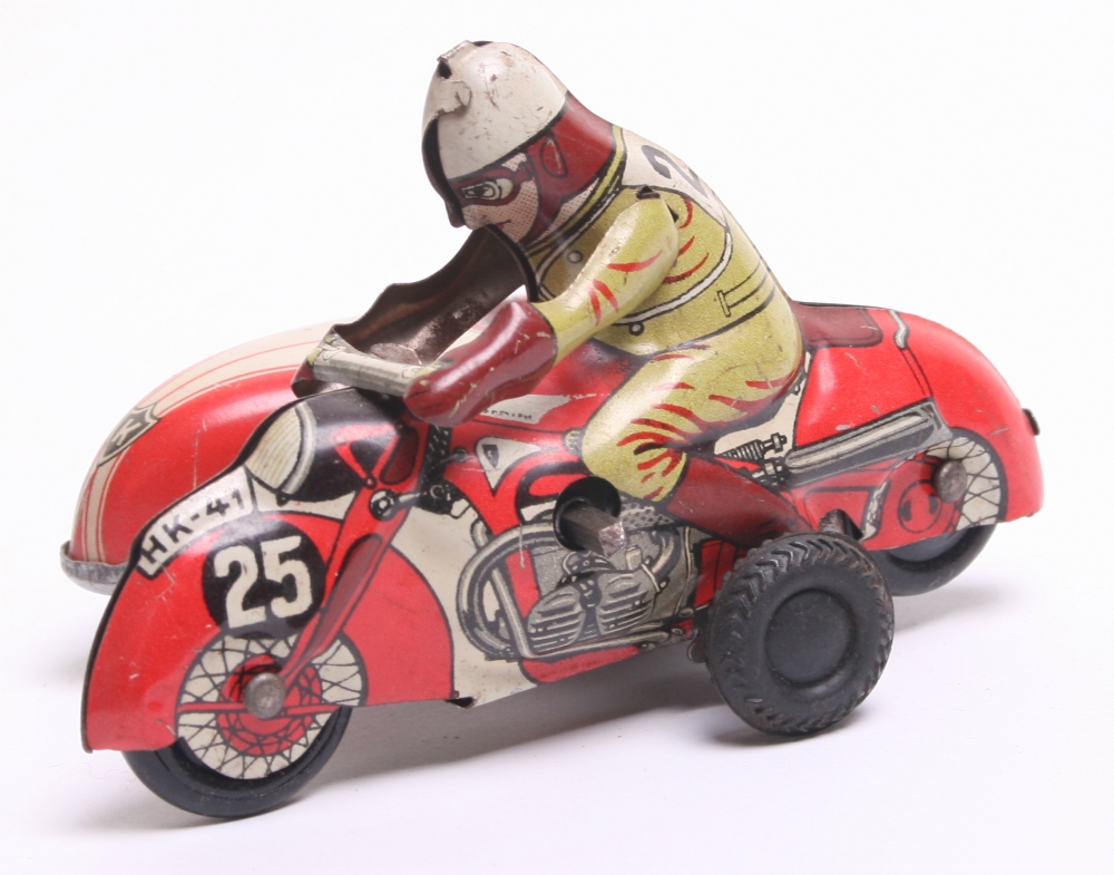 HK (Huki) Toys Germany Tinplate Motorcycle and Sidecar (US Zone, Germany) tin printed detail