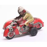 HK (Huki) Toys Germany Tinplate Motorcycle and Sidecar (US Zone, Germany) tin printed detail