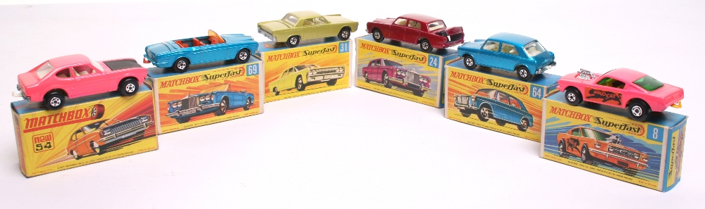 Lot no:163 Six Matchbox Superfast 1:75 series Cars boxed, 8b Ford Mustang Wild Cat Dragster,