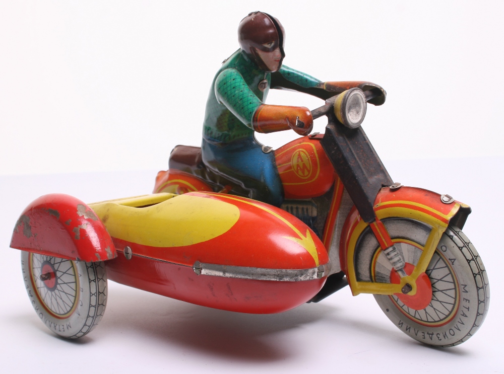 Russian Tinplate Motorcycle Combination tin printed detail including rider, balloon tyres, working