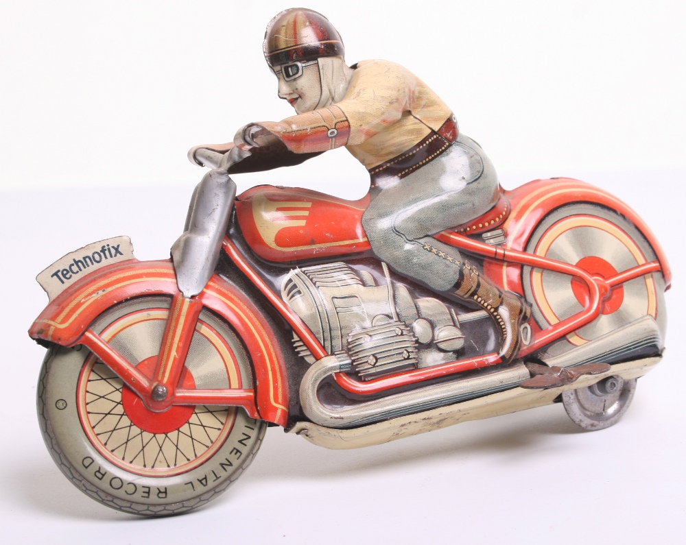 Technofix Tinplate Motorcycle -(US Zone, Germany) No.G.E.258, red, with tin printed detail including