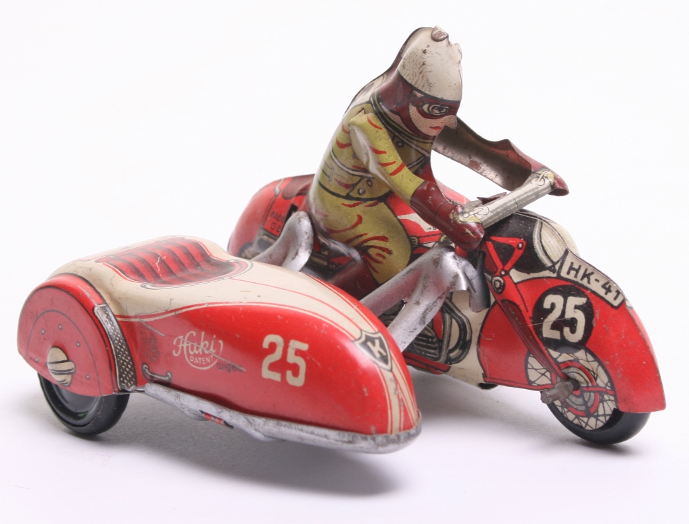 HK (Huki) Toys Germany Tinplate Motorcycle and Sidecar (US Zone, Germany) tin printed detail - Image 2 of 2