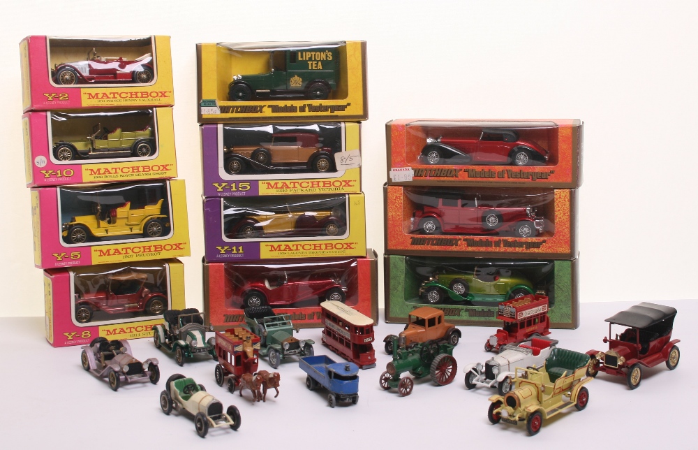 Matchbox Models Of Yesteryears, 4 x pink/yellow window boxes Y-8 Stutz, Y-5 Peugeot, Y-10 Rolls