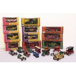 Matchbox Models Of Yesteryears, 4 x pink/yellow window boxes Y-8 Stutz, Y-5 Peugeot, Y-10 Rolls