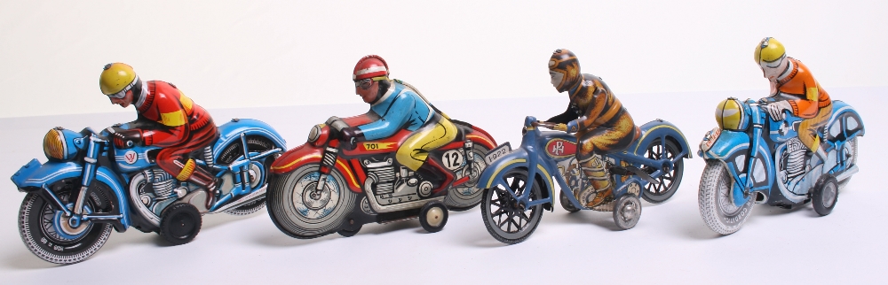 Four Tinplate Motorcycles, AMB (Italy) red bike, with tin printed detail, blue and yellow Rider,