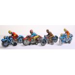 Four Tinplate Motorcycles, AMB (Italy) red bike, with tin printed detail, blue and yellow Rider,