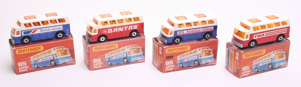 Four Matchbox Superfast 1:75 series boxed Airpot Coaches, British Airways, American Airlines,