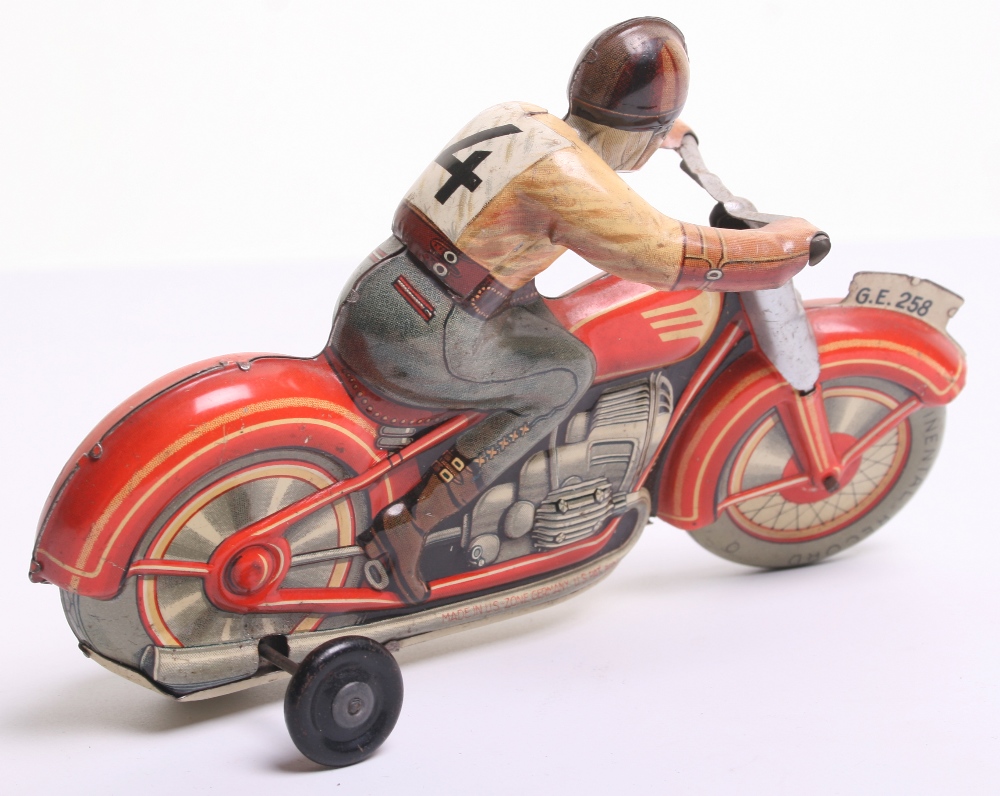 Technofix Tinplate Motorcycle -(US Zone, Germany) No.G.E.258, red, with tin printed detail including - Image 2 of 3