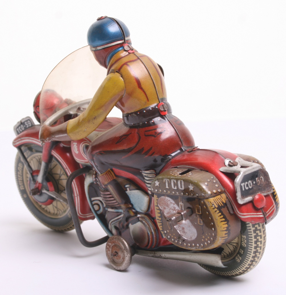 Scarce Tippco Tinplate Motorcycle TCO-59 number plate, red, with tin printed detail including rider, - Image 3 of 4