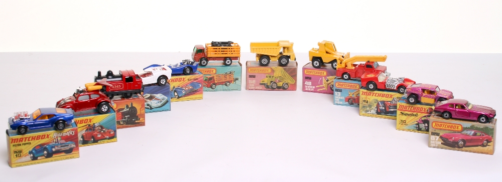 Twelve Matchbox Superfast 1:75 series boxed,10 Rolamatics Piston Popper,11 Flying VW Bug, 13 Snorkel