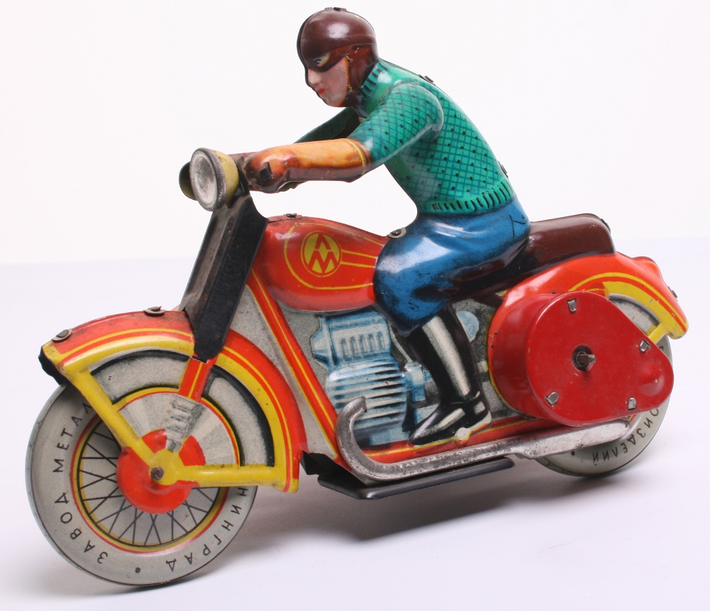 Russian Tinplate Motorcycle Combination tin printed detail including rider, balloon tyres, working - Image 2 of 2