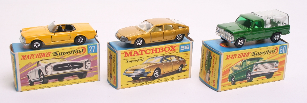 Three Matchbox Superfast 1:75 series boxed, 27a Mercedes 230SL, yellow body, black interior, bare - Image 2 of 2