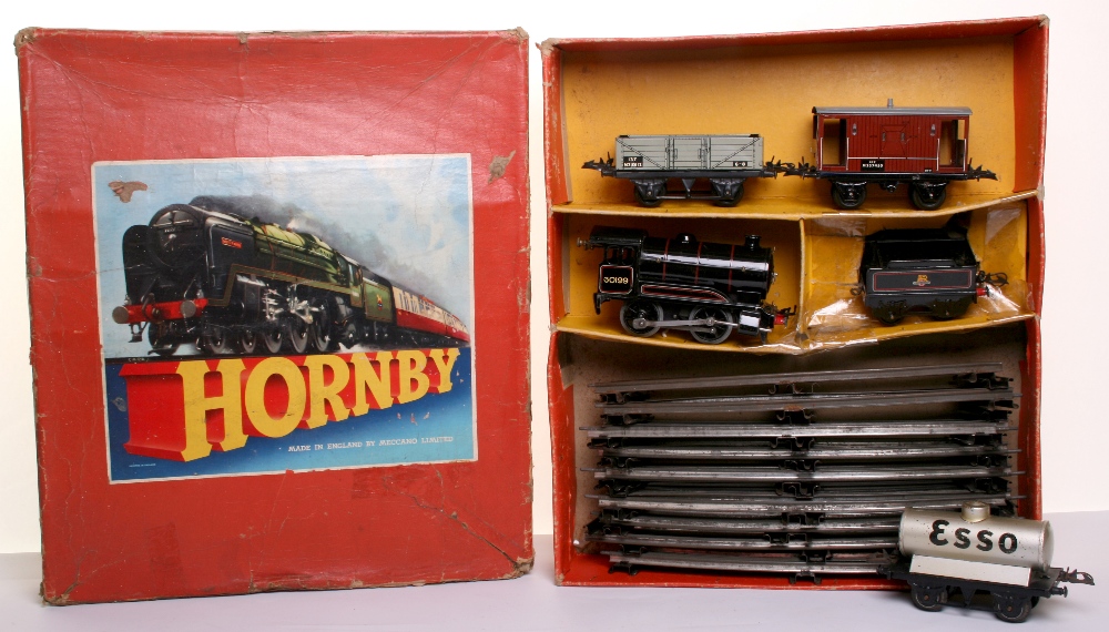 Boxed Hornby O Gauge Goods Train Set No 50, contains Clockwork 0-4-0  BR Black Locomotive and