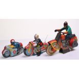 Three Tinplate Motorcycles, Japanese "Comic Circus" clockwork Motorcycle – tin printed detail with