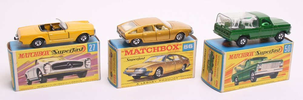 Three Matchbox Superfast 1:75 series boxed, 27a Mercedes 230SL, yellow body, black interior, bare
