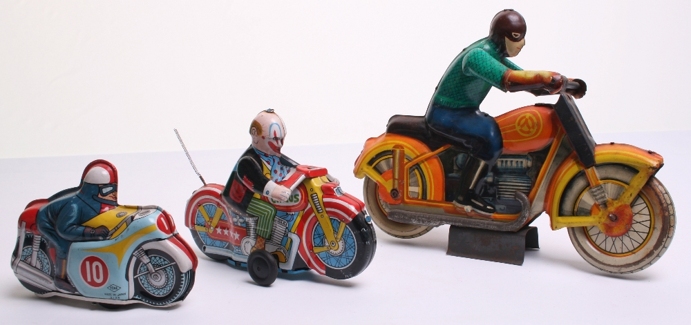 Three Tinplate Motorcycles, Japanese "Comic Circus" clockwork Motorcycle – tin printed detail with - Image 2 of 2
