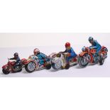 Four Tinplate Police Motorcycles, Wells Brimtoy red bike, with tin printed detail, working