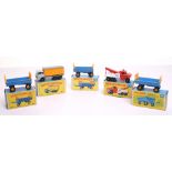 Five Matchbox Regular Wheels Boxed Models,3 x 40c Hay Trailers, in 3 types of boxes, 47c Daf