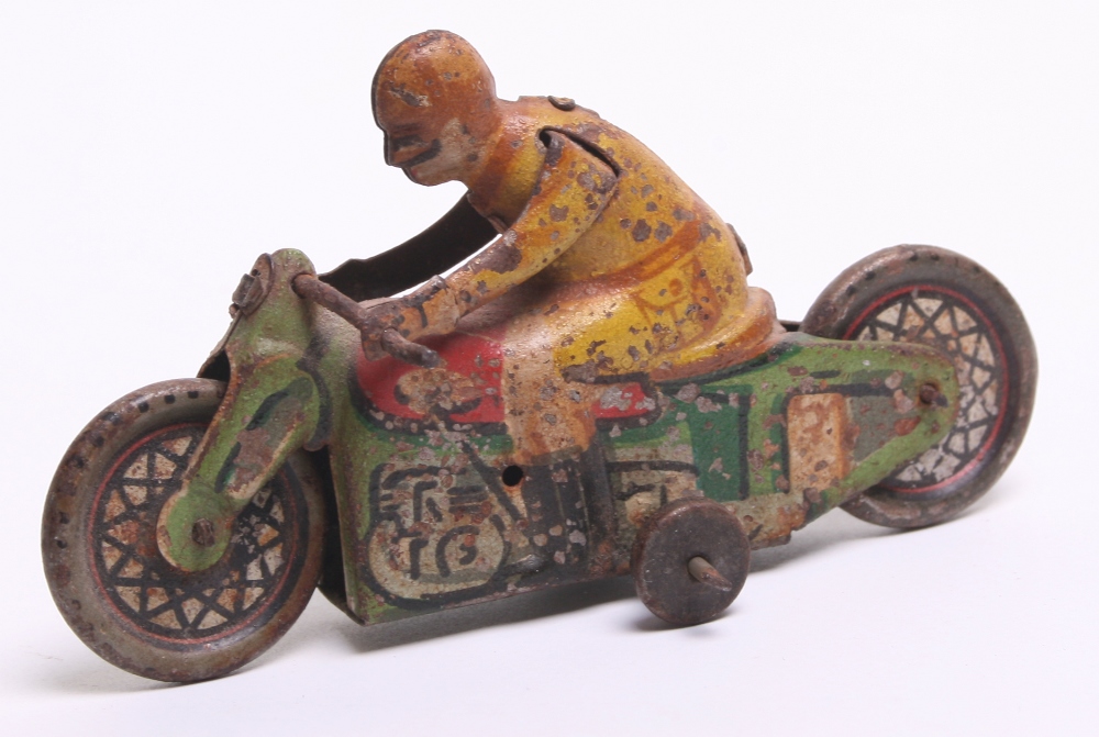 Scarce Pre War Paya of Spain Juguetes Tinplate Motorcycle, tin printed detail including rider, in - Image 2 of 2