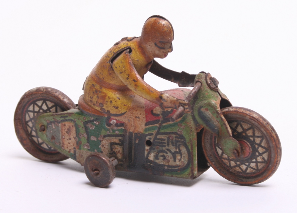 Scarce Pre War Paya of Spain Juguetes Tinplate Motorcycle, tin printed detail including rider, in