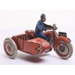 SFA Paris Tinplate Motorcycle and Sidecar -tin printed detail including rider in blue, balloon