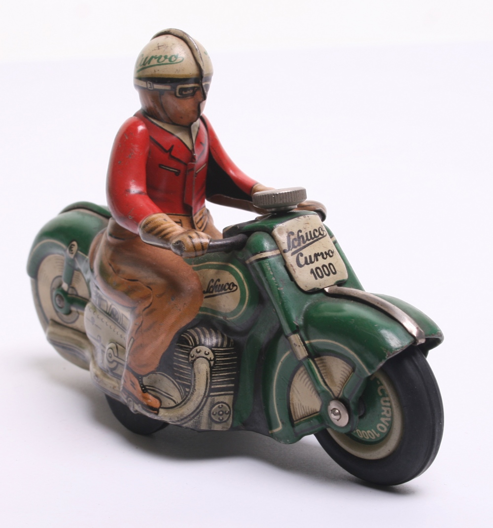 Schuco Curvo 1000 Tinplate Motorcycle -(US Zone, Germany) scarce green version, with tin printed