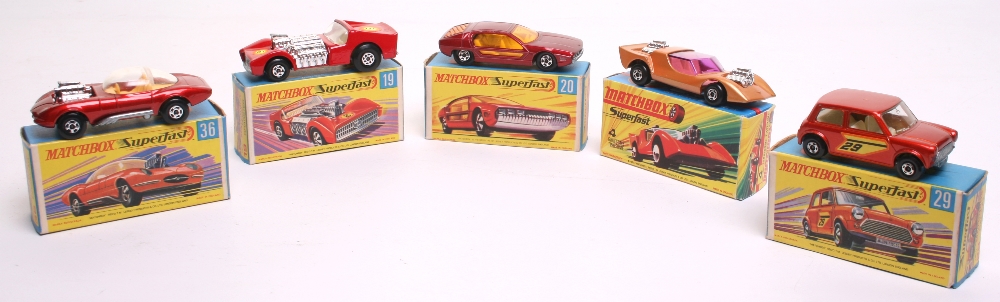 Five Matchbox Superfast Cars, 4b Gruesome Twosome,metallic light gold body, purple windows, pale