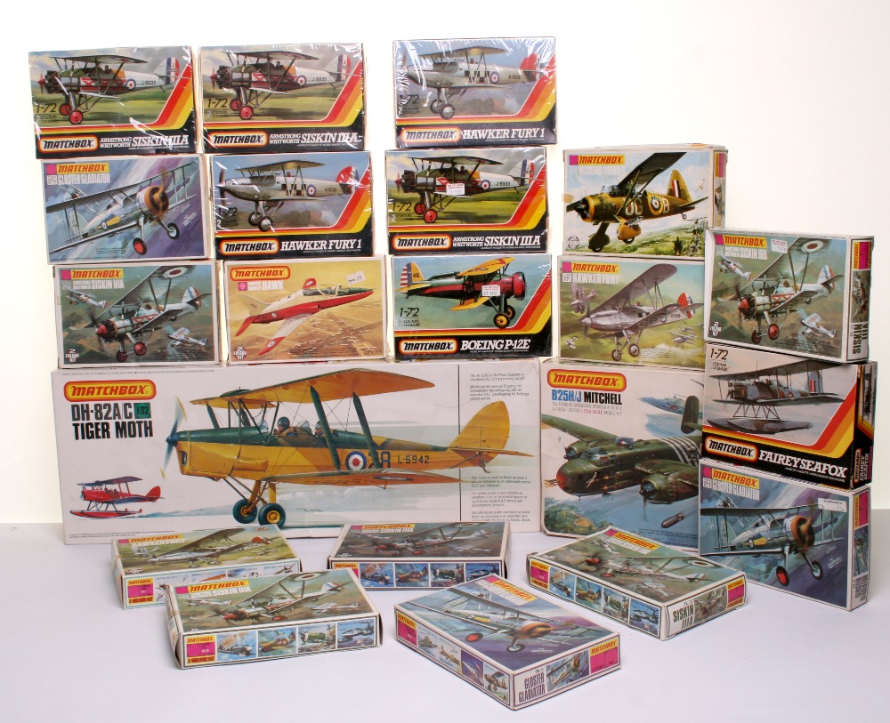 Twenty One Matchbox Plastic Aircraft Kits, 4 x PK1 Hawker Fury,PK-3 Boeing P-12E,PK-7 Westland