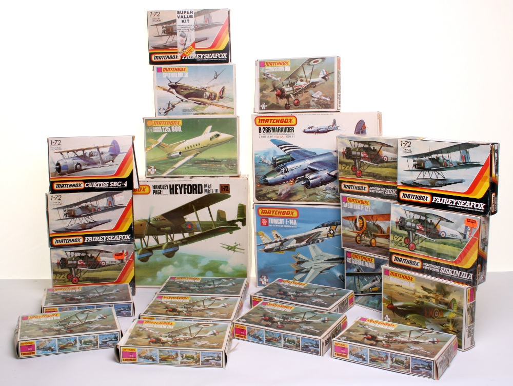 Twenty Four Matchbox Plastic Aircraft Kits,PK-2 Spitfire MK.IX,PK3 Boeing P-12E, PK-8 Gloster
