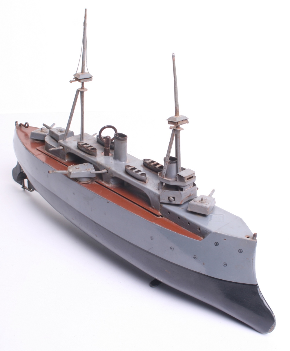 Rare Bing Clockwork Tinplate Naval Gunboat Germany, Circa 1902-07, grey hull over dark grey keel,