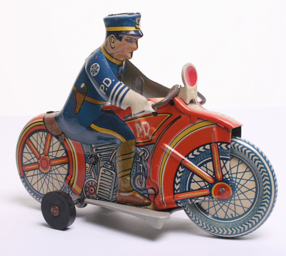 Marx Toys (USA) Tinplate Police Motorcycle tin printed detail including policeman, with siren,