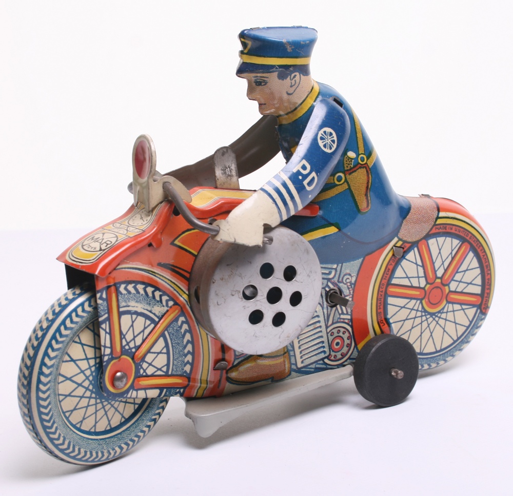 Marx Toys (USA) Tinplate Police Motorcycle tin printed detail including policeman, with siren, - Image 2 of 2