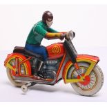 Russian Tinplate Motorcycle tin printed detail including rider, balloon tyres, working clockwork