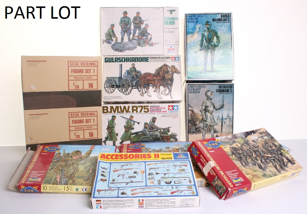 Quantity of Model Kits, including Tamiya German BMW Motorcycle, Wehrmacht mounted infantry set,